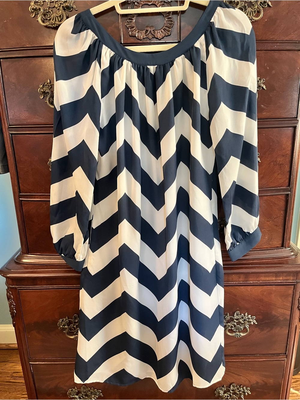 Vineyard Navy and White Chevron Silk Dress